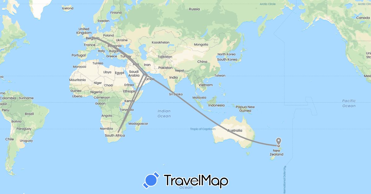 TravelMap itinerary: driving, plane in United Arab Emirates, Belgium, New Zealand, Qatar, South Africa (Africa, Asia, Europe, Oceania)